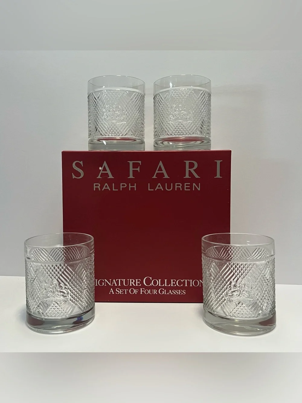 VTG Ralph Lauren Safari Argyle Lion Crest Double Old Fashioned Glasses Set Of 4